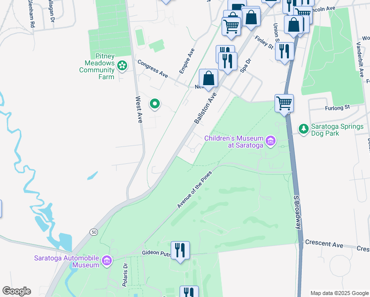 map of restaurants, bars, coffee shops, grocery stores, and more near 324 Ballston Avenue in Saratoga Springs