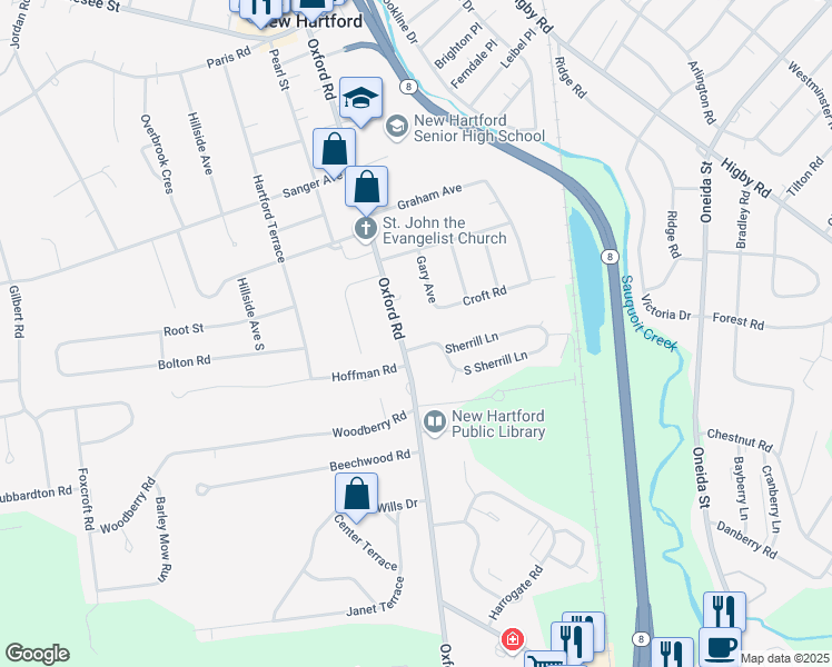 map of restaurants, bars, coffee shops, grocery stores, and more near 105 Oxford Road in New Hartford