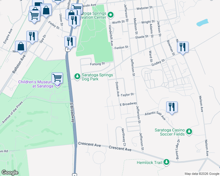 map of restaurants, bars, coffee shops, grocery stores, and more near 13 Joshua Road in Saratoga Springs