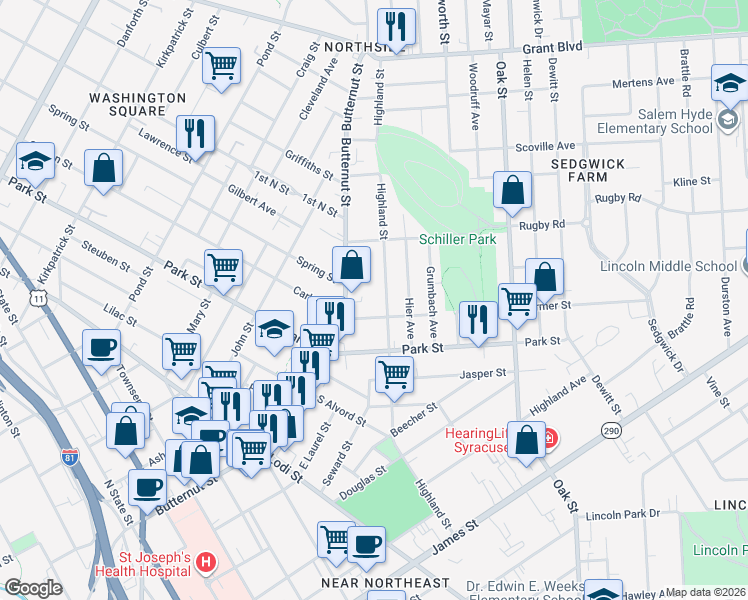 map of restaurants, bars, coffee shops, grocery stores, and more near 918 Highland Street in Syracuse