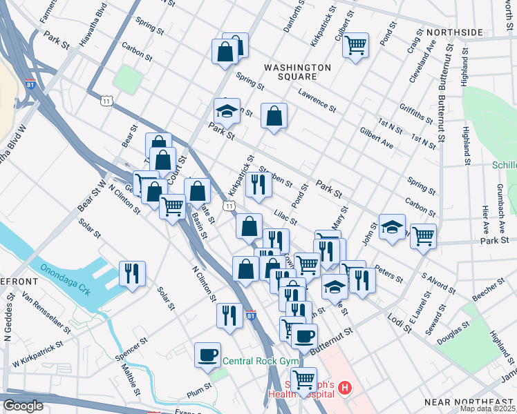 map of restaurants, bars, coffee shops, grocery stores, and more near 256-58 Lilac Street in Syracuse