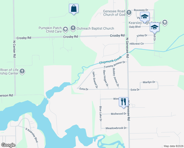 map of restaurants, bars, coffee shops, grocery stores, and more near 4376 Tommy Armour Drive in Flint