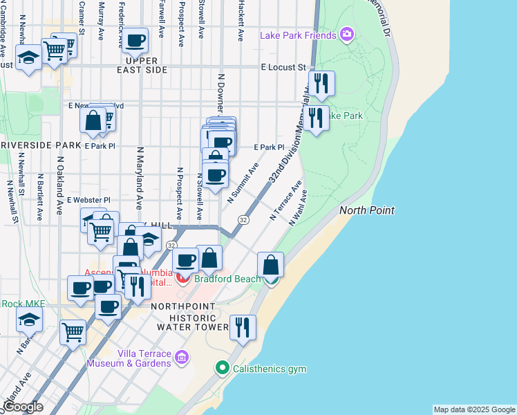 map of restaurants, bars, coffee shops, grocery stores, and more near 2589 North Lake Drive in Milwaukee