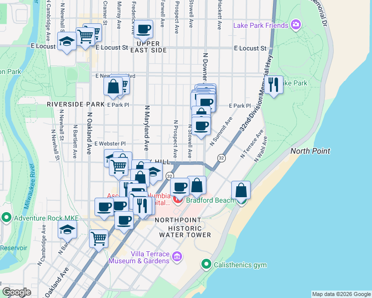 map of restaurants, bars, coffee shops, grocery stores, and more near 2535 North Stowell Avenue in Milwaukee