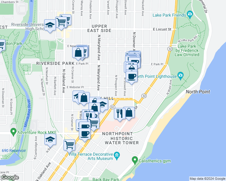 map of restaurants, bars, coffee shops, grocery stores, and more near 2402 East Webster Place in Milwaukee