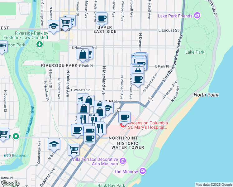 map of restaurants, bars, coffee shops, grocery stores, and more near 2555 North Farwell Avenue in Milwaukee