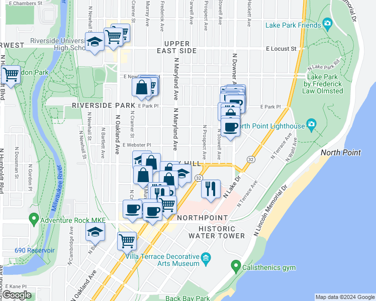 map of restaurants, bars, coffee shops, grocery stores, and more near 2555 North Farwell Avenue in Milwaukee