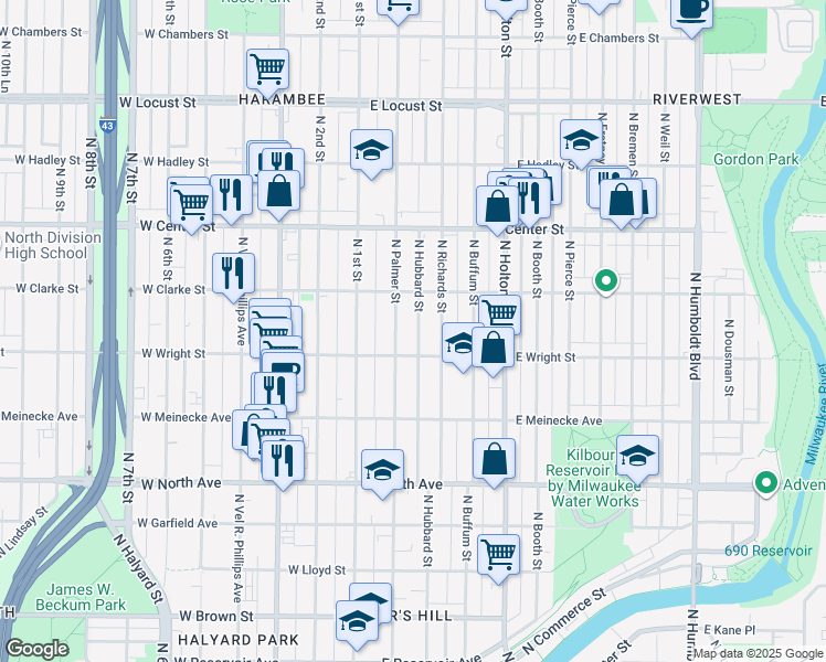 map of restaurants, bars, coffee shops, grocery stores, and more near 2549 North Hubbard Street in Milwaukee