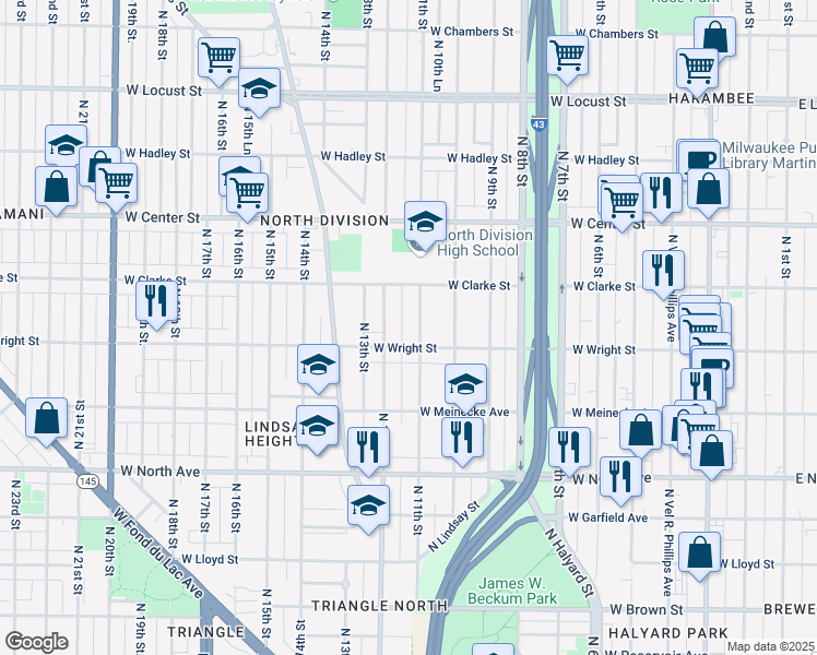 map of restaurants, bars, coffee shops, grocery stores, and more near 2544 North 11th Street in Milwaukee