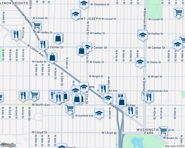 map of restaurants, bars, coffee shops, grocery stores, and more near 2529 North 50th Street in Milwaukee