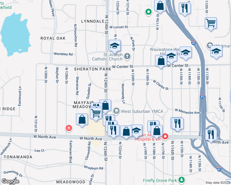 map of restaurants, bars, coffee shops, grocery stores, and more near 2542 North 124th Street in Wauwatosa