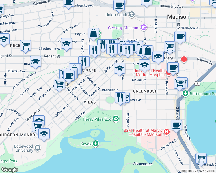 map of restaurants, bars, coffee shops, grocery stores, and more near 1443 Mound Street in Madison