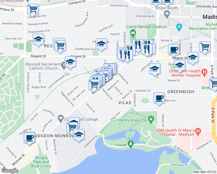 map of restaurants, bars, coffee shops, grocery stores, and more near 1821 Monroe Street in Madison