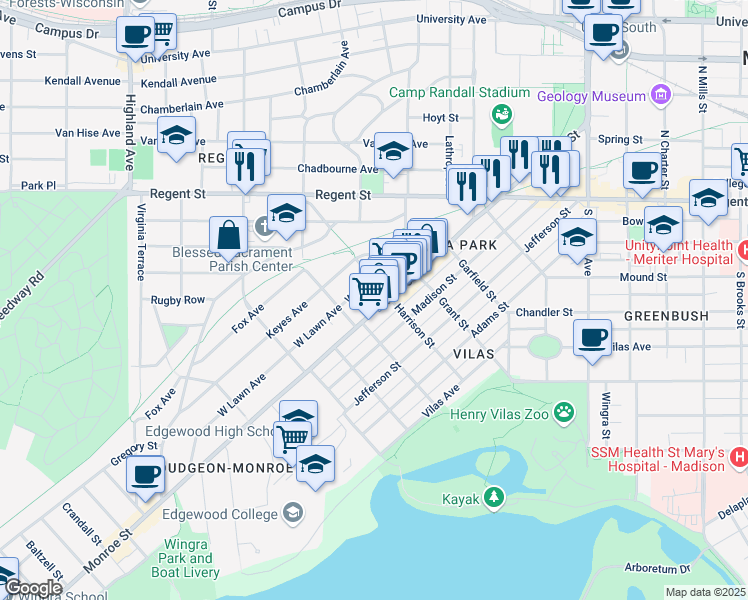 map of restaurants, bars, coffee shops, grocery stores, and more near 712 Harrison Street in Madison