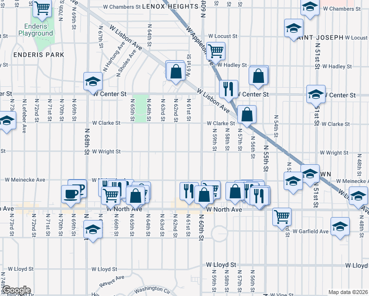 map of restaurants, bars, coffee shops, grocery stores, and more near 2507 North 61st Street in Milwaukee