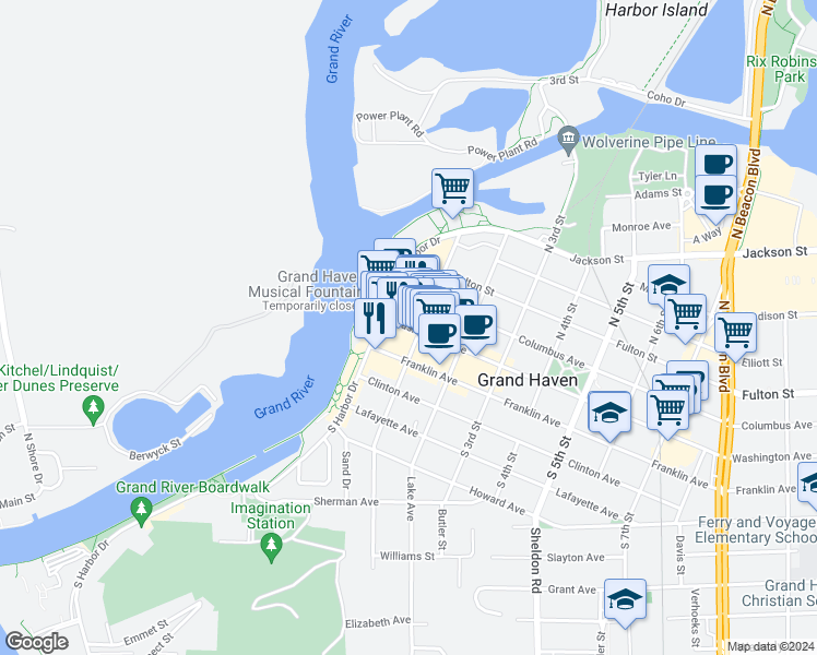 map of restaurants, bars, coffee shops, grocery stores, and more near 1 Washington Avenue in Grand Haven