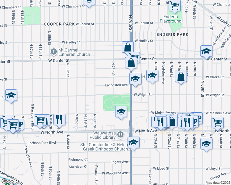map of restaurants, bars, coffee shops, grocery stores, and more near 7728 West Wright Street in Wauwatosa
