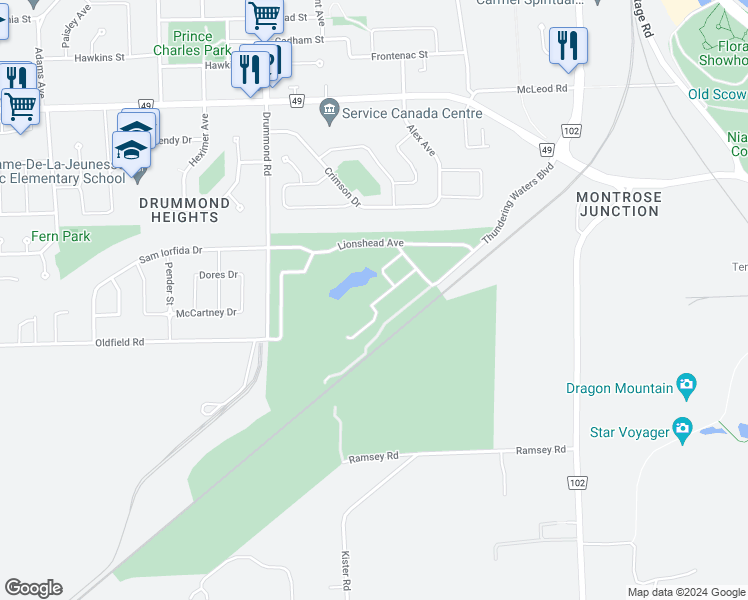 map of restaurants, bars, coffee shops, grocery stores, and more near 7709 Green Vista Gate in Niagara Falls