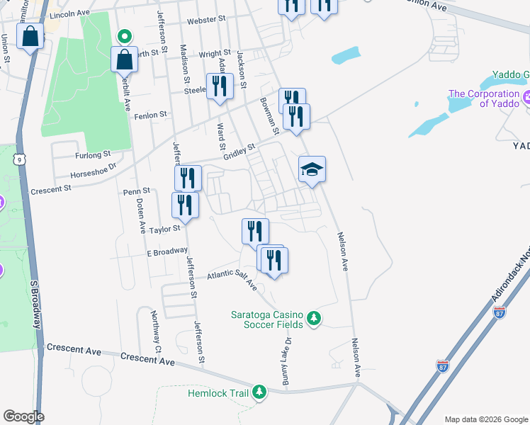 map of restaurants, bars, coffee shops, grocery stores, and more near 199 Adams Street in Saratoga Springs