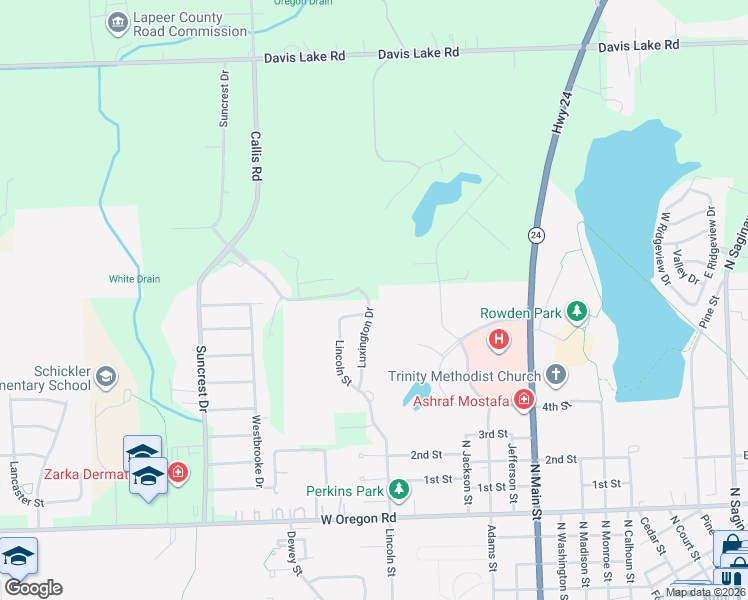 map of restaurants, bars, coffee shops, grocery stores, and more near 1480 Luxington Drive in Lapeer
