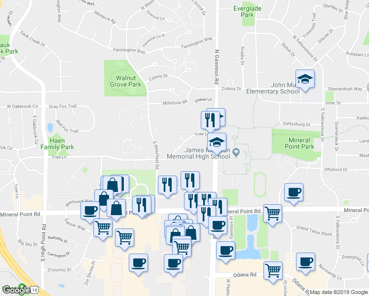 map of restaurants, bars, coffee shops, grocery stores, and more near 7 Honey Locust Trail in Madison