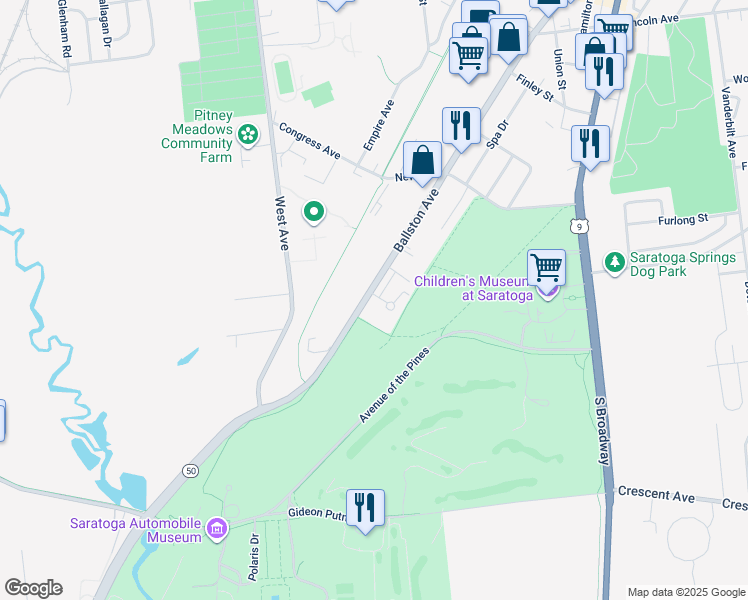 map of restaurants, bars, coffee shops, grocery stores, and more near 324 Ballston Avenue in Saratoga Springs