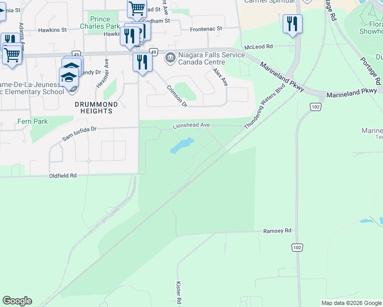 map of restaurants, bars, coffee shops, grocery stores, and more near 7711 Green Vista Gate in Niagara Falls