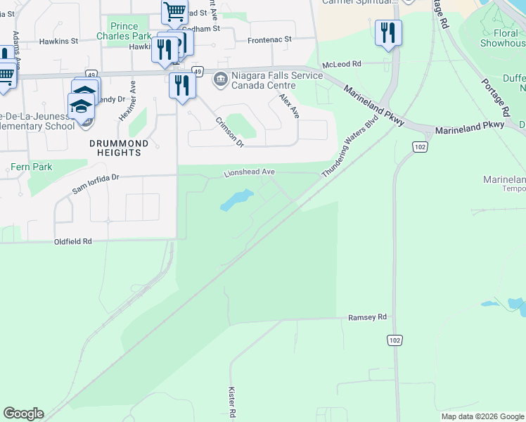 map of restaurants, bars, coffee shops, grocery stores, and more near 7684 Green Vista Gate in Niagara Falls
