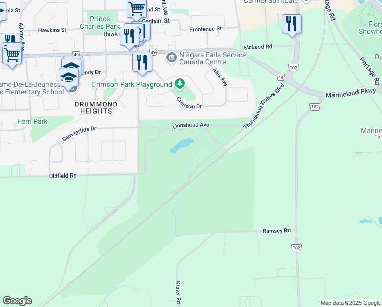 map of restaurants, bars, coffee shops, grocery stores, and more near 7711 Green Vista Gate in Niagara Falls