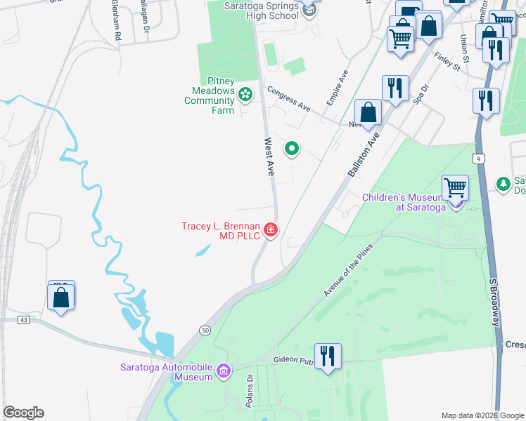 map of restaurants, bars, coffee shops, grocery stores, and more near 285 West Avenue in Saratoga Springs