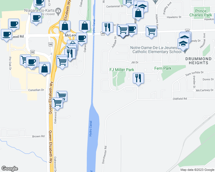 map of restaurants, bars, coffee shops, grocery stores, and more near 7669 Jubilee Drive in Niagara Falls