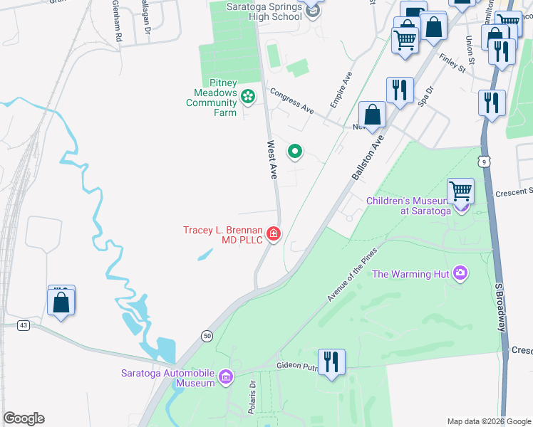 map of restaurants, bars, coffee shops, grocery stores, and more near 285 West Avenue in Saratoga Springs