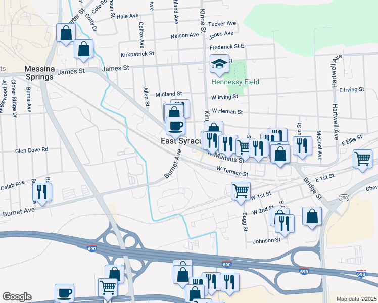 map of restaurants, bars, coffee shops, grocery stores, and more near in East Syracuse