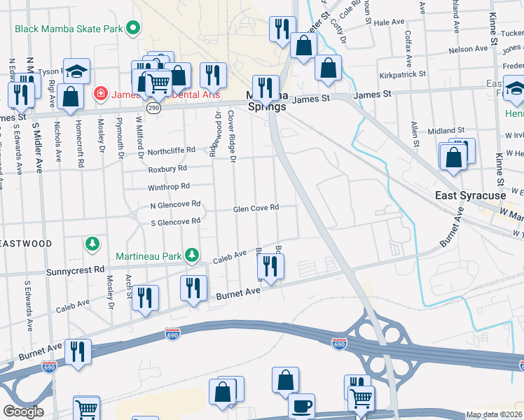 map of restaurants, bars, coffee shops, grocery stores, and more near 264 Burns Avenue in Syracuse