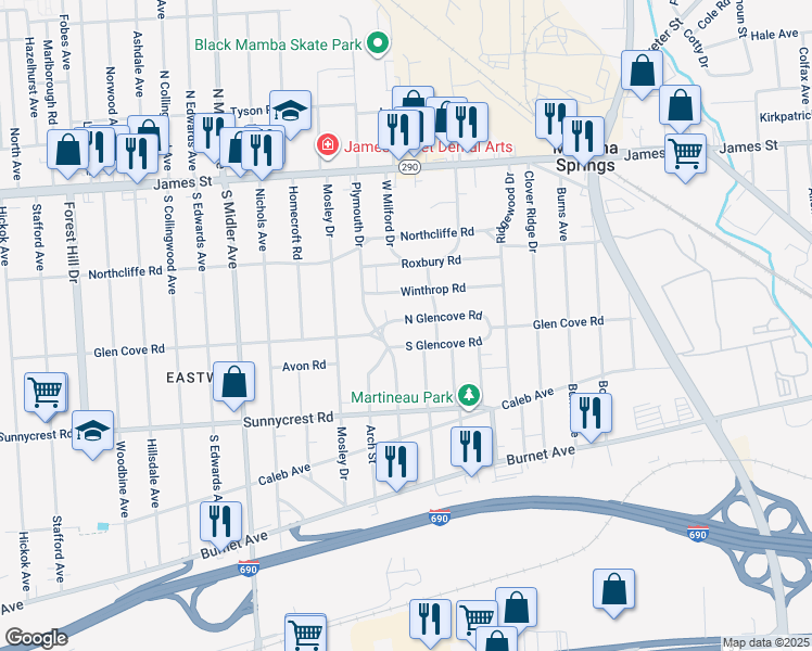 map of restaurants, bars, coffee shops, grocery stores, and more near 1133 North Glencove Road in Syracuse