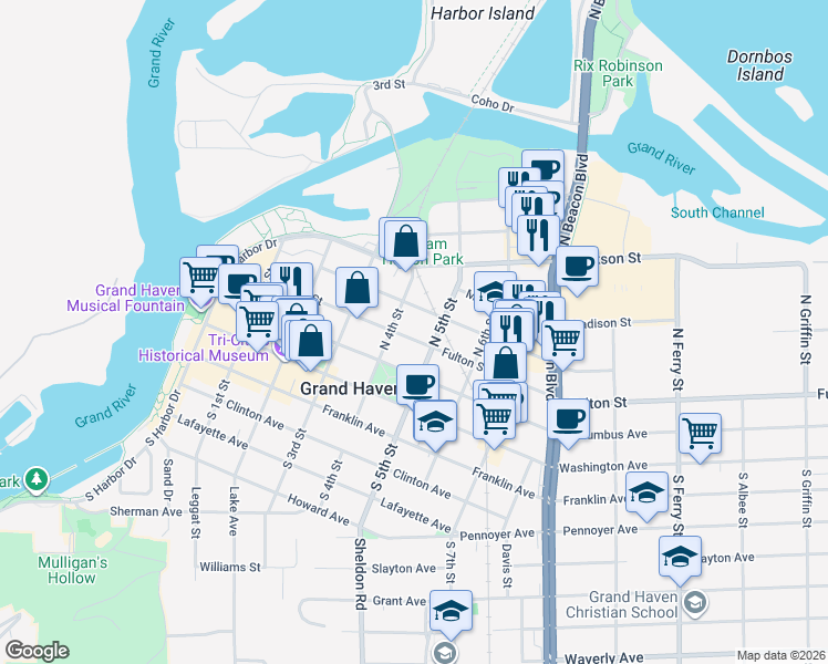map of restaurants, bars, coffee shops, grocery stores, and more near 406 Elliott Avenue in Grand Haven