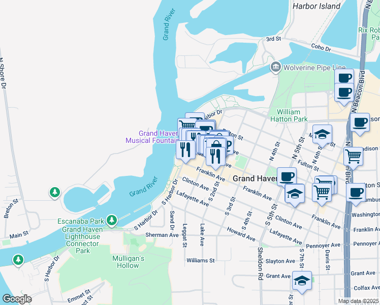 map of restaurants, bars, coffee shops, grocery stores, and more near 10 Washington Avenue in Grand Haven