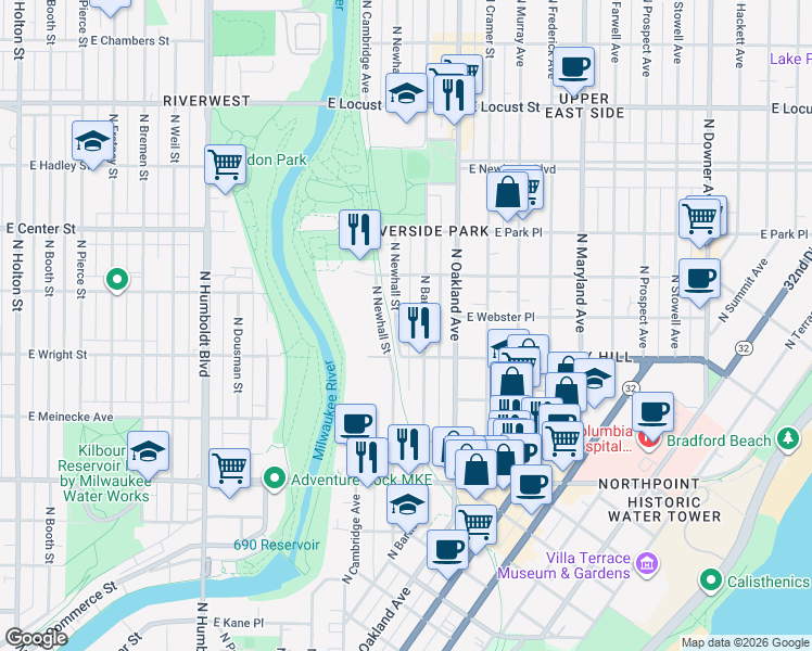map of restaurants, bars, coffee shops, grocery stores, and more near 2557 North Bartlett Avenue in Milwaukee