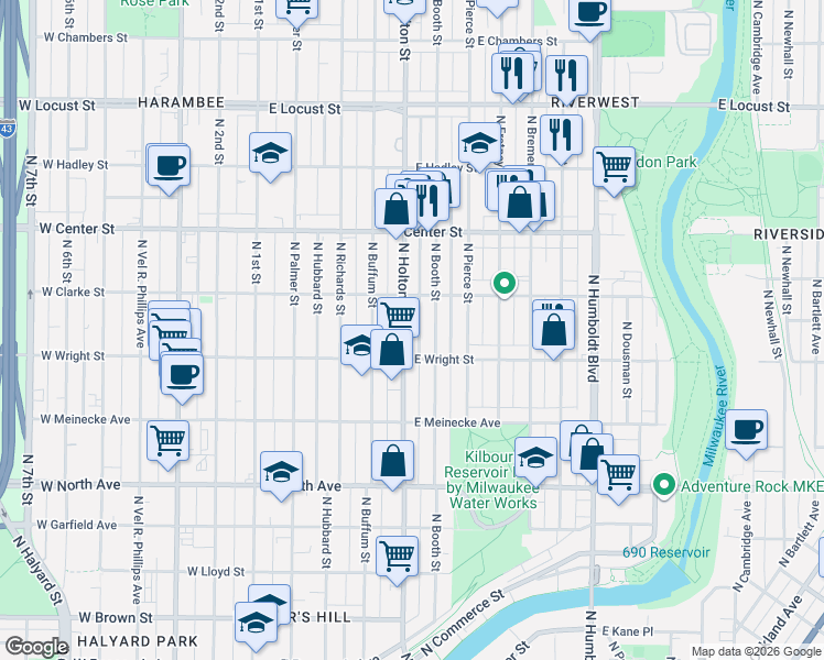 map of restaurants, bars, coffee shops, grocery stores, and more near 2551 North Booth Street in Milwaukee