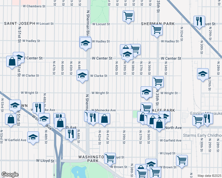 map of restaurants, bars, coffee shops, grocery stores, and more near 2530 North 41st Street in Milwaukee