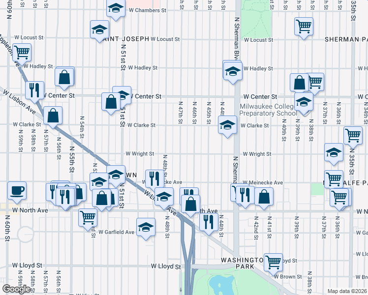 map of restaurants, bars, coffee shops, grocery stores, and more near 2528 North 47th Street in Milwaukee