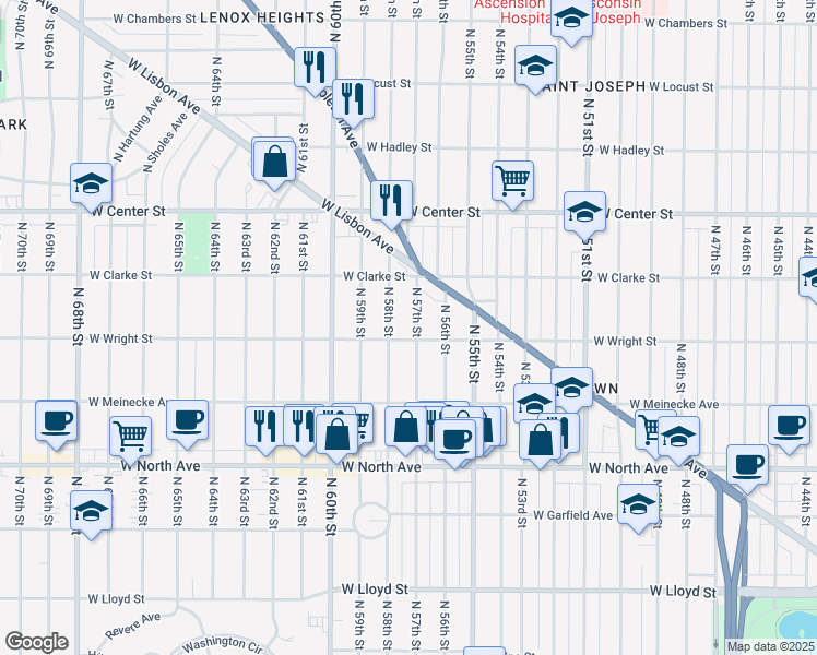 map of restaurants, bars, coffee shops, grocery stores, and more near 2528 North 57th Street in Milwaukee