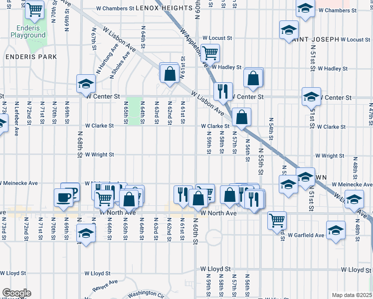map of restaurants, bars, coffee shops, grocery stores, and more near 2530 North 61st Street in Milwaukee