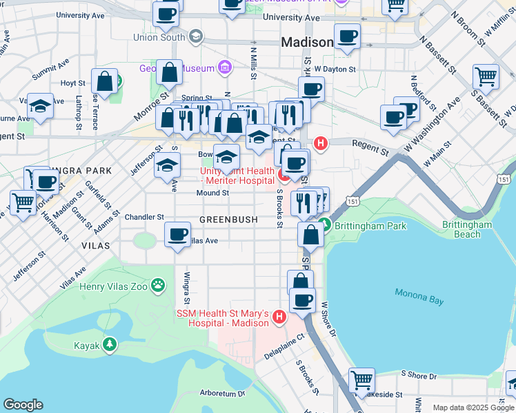 map of restaurants, bars, coffee shops, grocery stores, and more near 206 South Mills Street in Madison
