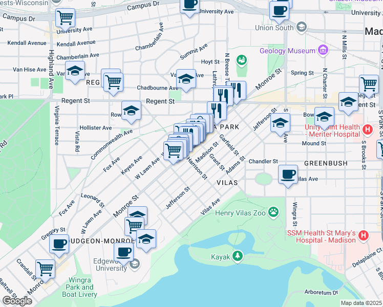 map of restaurants, bars, coffee shops, grocery stores, and more near 1821 Monroe Street in Madison