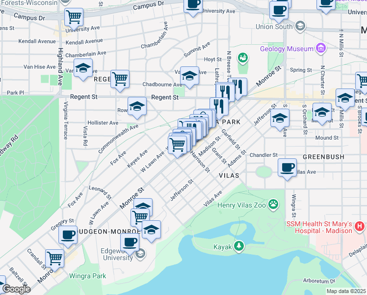 map of restaurants, bars, coffee shops, grocery stores, and more near 712 Harrison Street in Madison