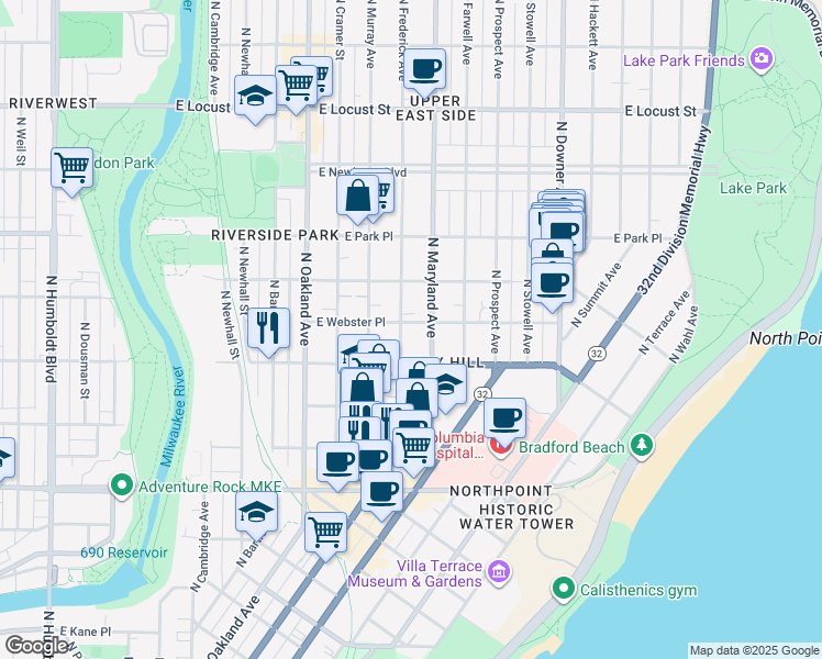 map of restaurants, bars, coffee shops, grocery stores, and more near 2544 North Frederick Avenue in Milwaukee