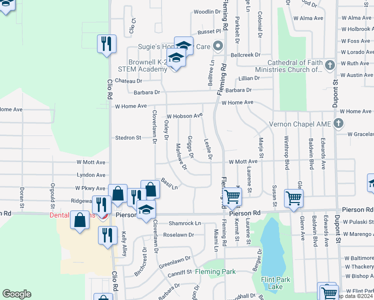 map of restaurants, bars, coffee shops, grocery stores, and more near 5611 Griggs Drive in Flint