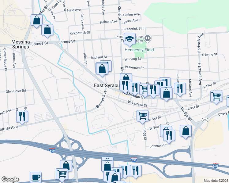 map of restaurants, bars, coffee shops, grocery stores, and more near 415 West Manlius Street in East Syracuse