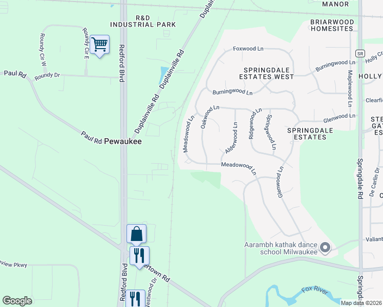 map of restaurants, bars, coffee shops, grocery stores, and more near W227N2530 Meadowood Lane in Waukesha